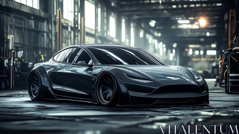 Sleek custom electric sedan stands in a moody industrial bay.