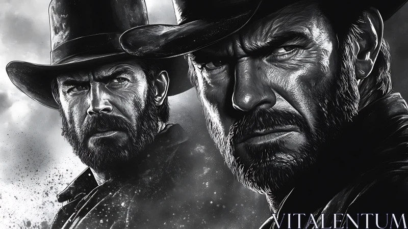 Monochrome dual-portrait of rugged bearded cowboy outlaw.