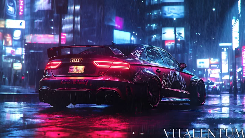 Neon Audi street racer under cyberpunk city rain glow.