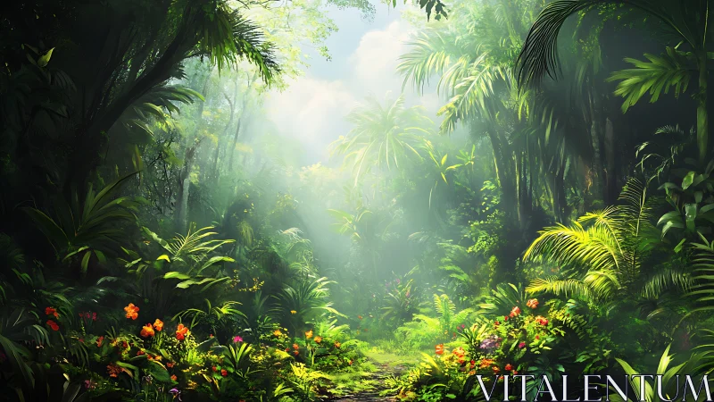 Sunlit Jungle Path Through Dense Tropical Canopy.