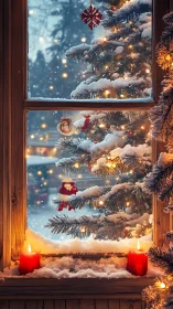 Snowy Christmas tree framed by candlelit frosted window.