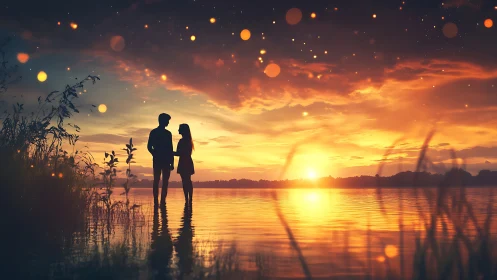 Silhouetted couple watches sunset over water with floating light particles.