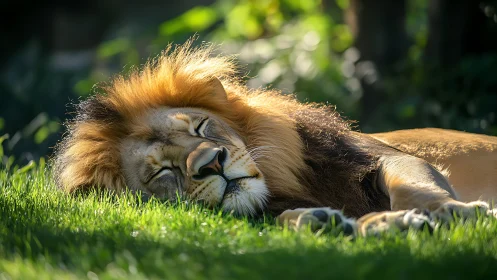 Male lion resting on sunlit grass in natural setting.