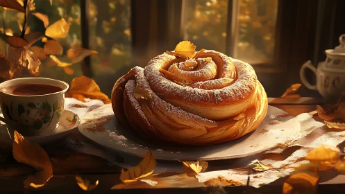 Pastry with Coffee and Autumn Leaves on Wooden Surface