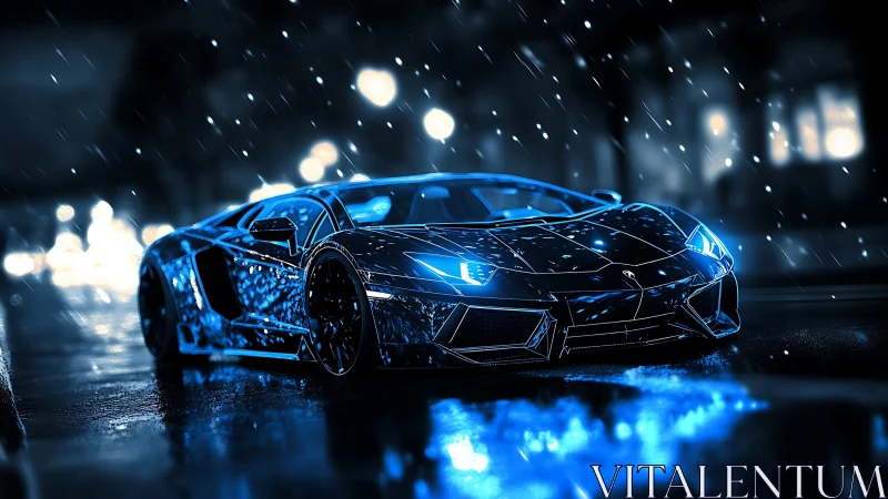 Neon blue supercar slices through wet night city street