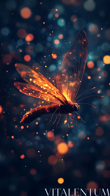 Glowing firefly drifts through neon bokeh nightscape.