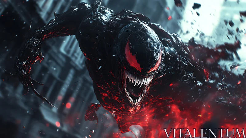 Monstrous symbiote lunges through burning city street.