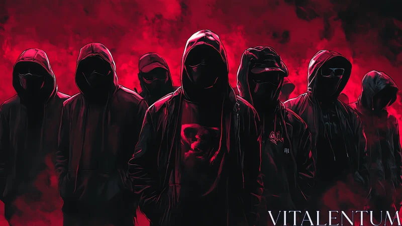 Shadowed hooded crew emerging through vivid red haze.