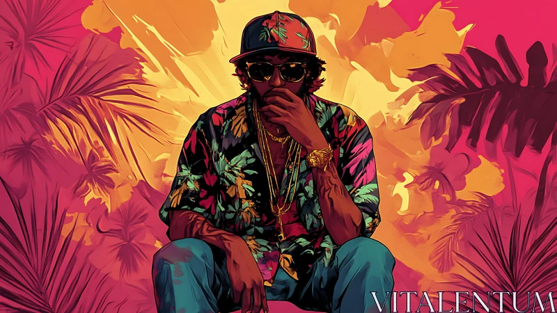 Stylish man sits amid bold tropical neon sunset glow