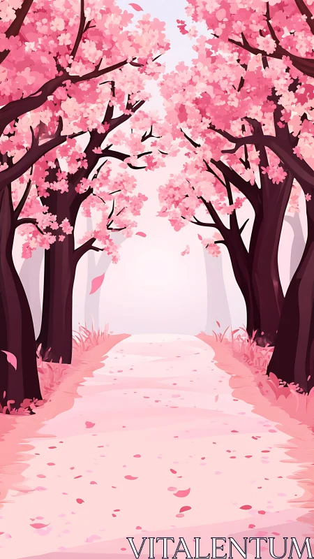 Pink blossom tree path in stylized spring forest scene.