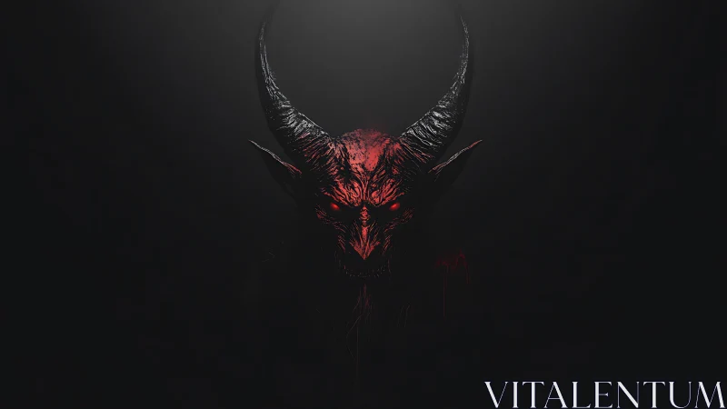 Demonic horned skull emerges from darkness in red light.