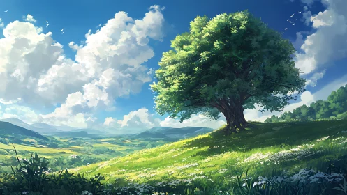 Lone oak crowns sunlit meadow under towering summer clouds.