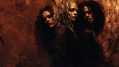 Three women in dramatic lighting against textured brown background.