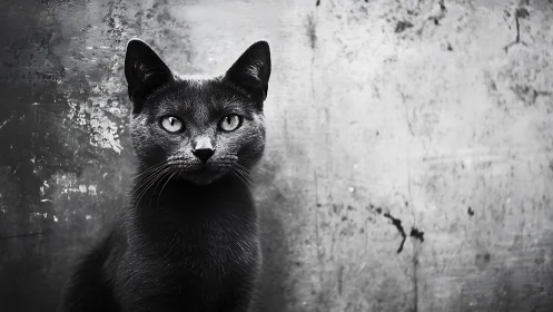 Black cat staring directly forward against weathered concrete wall backdrop.