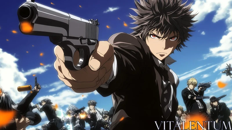 Rebel gunfighter squad storms the sky in blazing anime showdown.