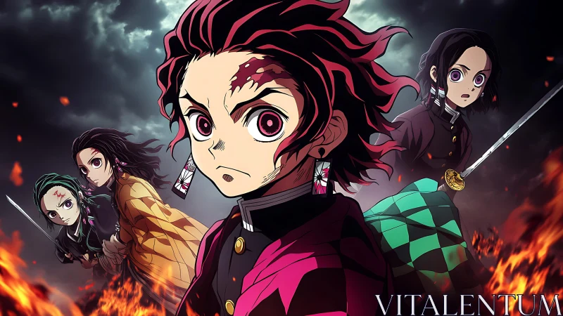 Anime swordsmen stand against stormy sky and encroaching fire