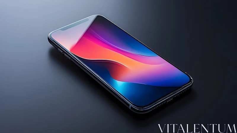 Modern smartphone on sleek dark surface, vibrant display lighting.