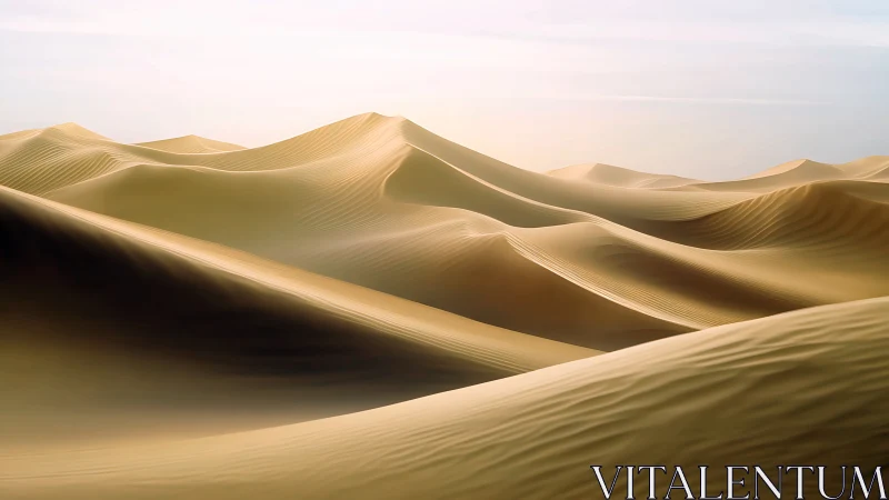 Golden sand dunes under soft daylight in empty desert.