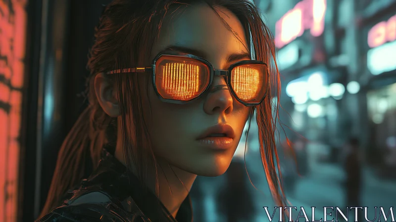 Cyberpunk portrait isolates neon-lit visor reflection in dusk street