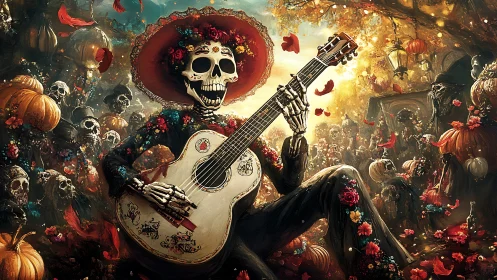 Calavera guitarist in D&iacute;a de Muertos parade with floral details