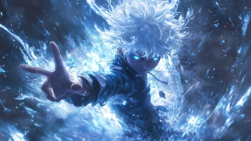 Blue-energized anime combatant channels radial plasma burst