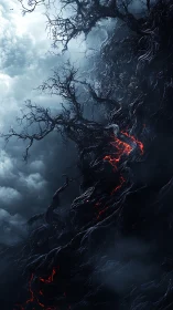 Twisted tree-like forms rise against clouds with red fissures