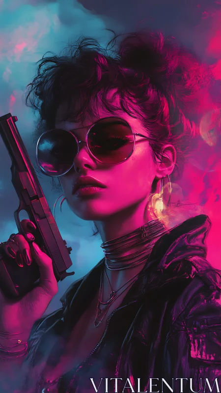 Neon lit female figure with handgun in cyberpunk setting.