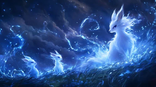 Starlit fox spirits weaving blue winds over moonlit grass.