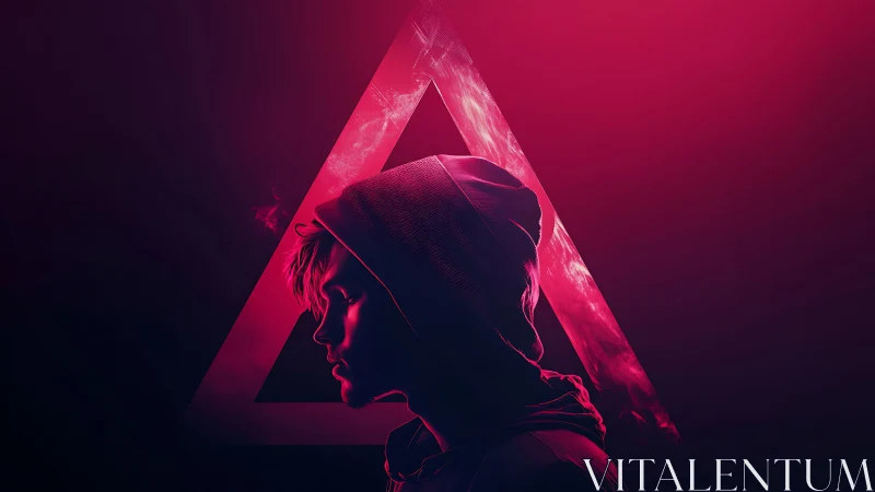 Neon-lit hooded profile silhouette framed by glowing triangle