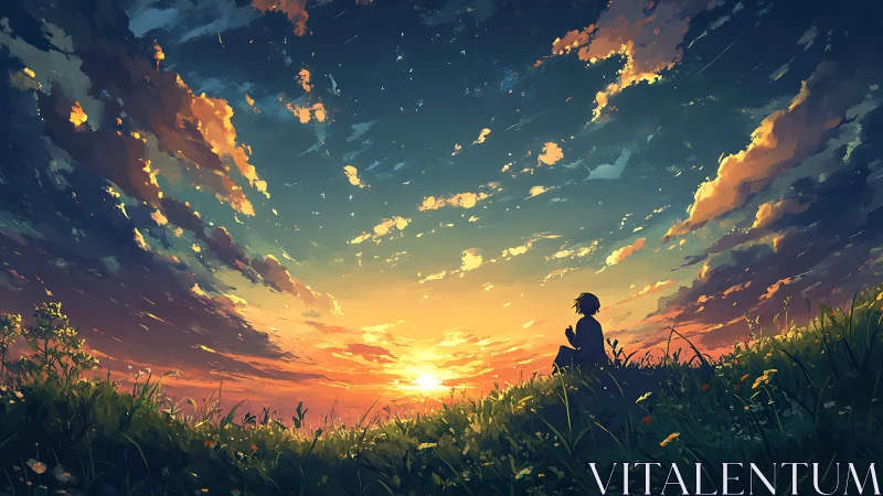 Silhouetted figure watching vivid sunset over grassy hill.