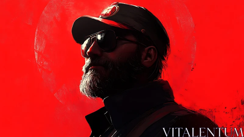 Bearded rebel in crimson glare, haloed by burning dusk.