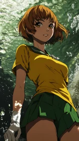 Low-angle anime portrait captures swimmer in refracted sunlight