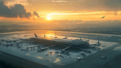 Sunlit airport terminal glows beneath a dramatic golden sunrise.