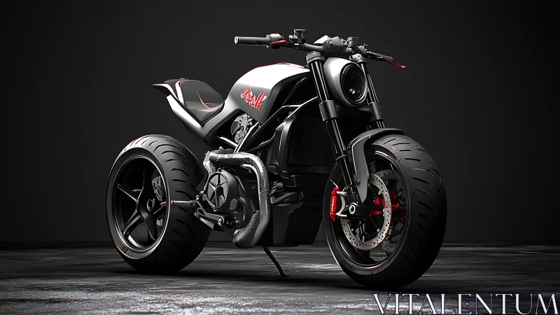 Midnight cyber streetfighter motorcycle roars in studio shadow.