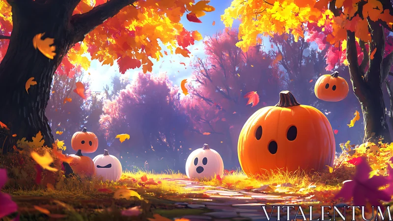 Pumpkin characters occupy a sunlit autumn forest pathway