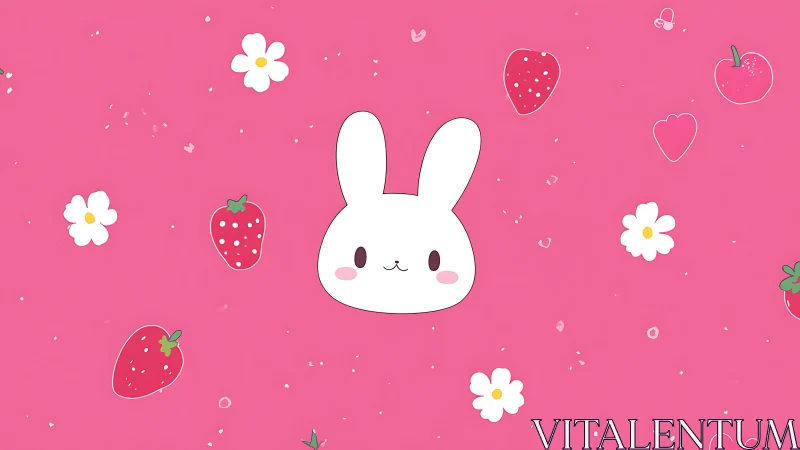 Minimal rabbit head with strawberries on flat pink field.