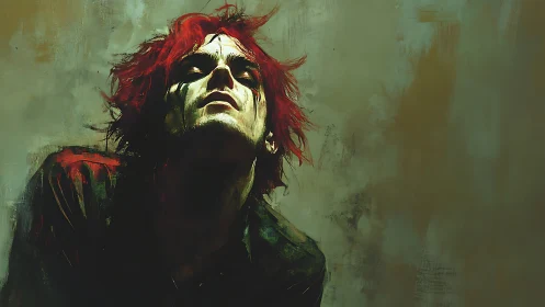 Red haired figure in dramatic upward tilt under desaturated light