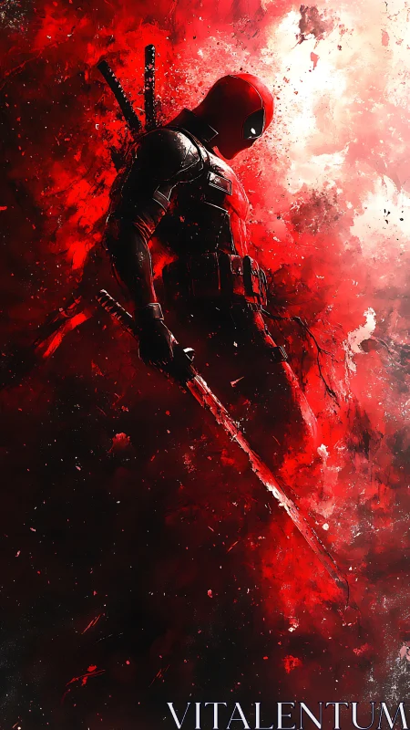 Red masked swordsman in dynamic splattered red light.
