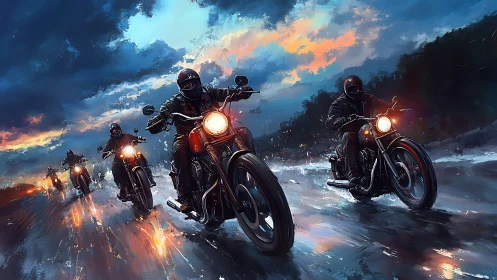 Night riders surge across a rain-soaked highway at dusk.