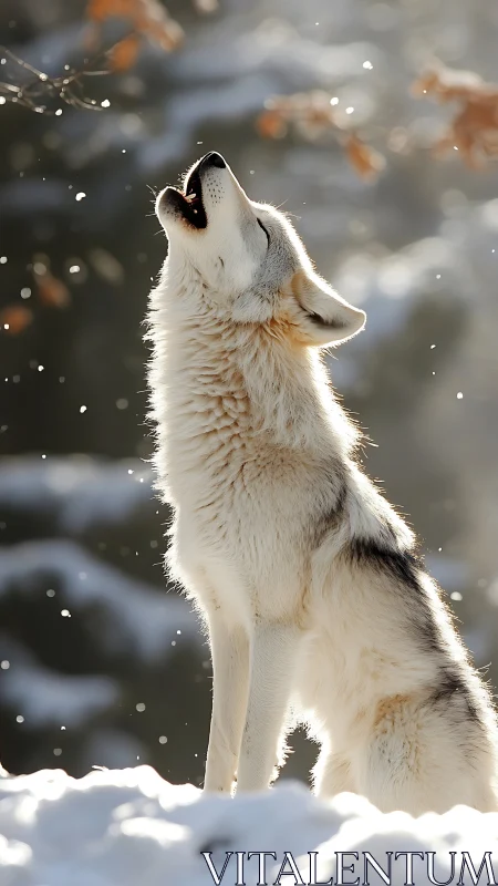 High-key portrait of howling white wolf in backlit snowfall