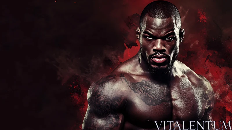 Muscular male torso against dark red abstract background.