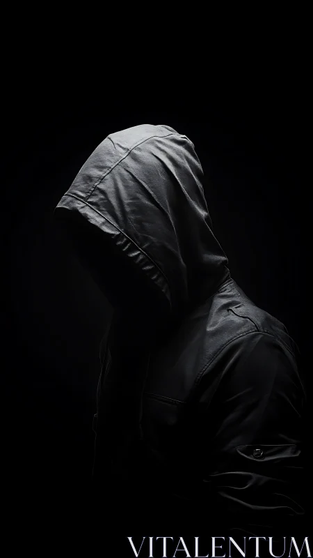 Low key hooded portrait in dramatic chiaroscuro lighting.