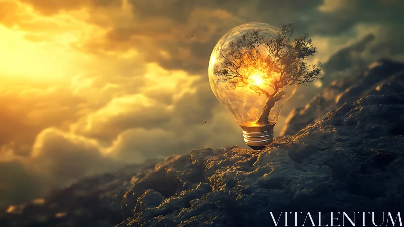 Tree in glass light bulb glows on rocky landscape at sunset