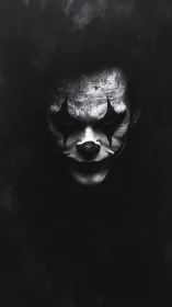 Dark monochrome clown portrait with intense expression.
