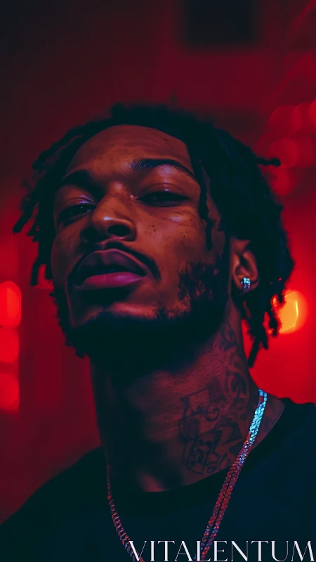 Portrait of man in red and blue neon studio lighting.