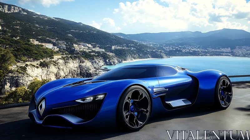 Electric blue hypercar concept beside Mediterranean coast.