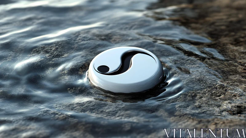 Yin-Yang symbol on wet stone in tranquil water, photorealistic style.