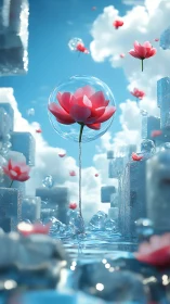 Pink lotus flower floats in crystal sphere above water