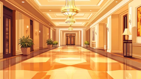 Luxury hotel corridor glows under warm chandelier light.