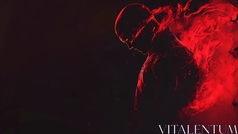 Digital painting of solitary figure wreathed in red vaporous flame.